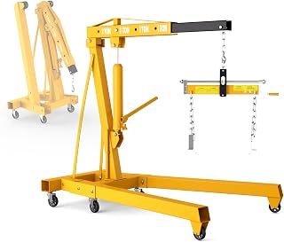 2 Ton Engine Hoist with Leveler, 6000 LBS Cherry Picker Engine Hoist, Folding Engine Shop Crane Hoist Lift, 8T Hydraulic Pump, 6 Casters Workshop Cherry Picker Telescopic Boom Hitch, Upgrade Yellow