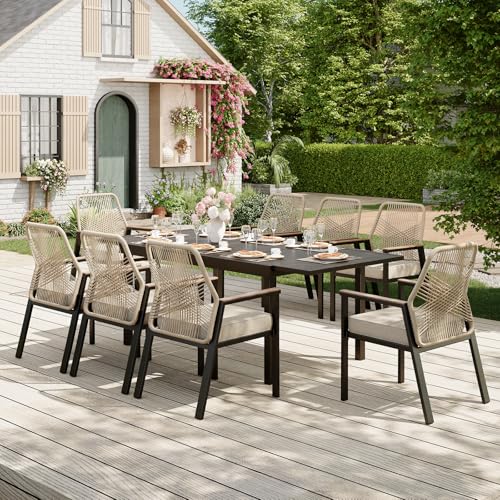 Image of MIXPATIO Patio Dining Set, Extendable Metal Table, 8 Rattan Chairs, Beige | 84 inch outdoor rectangular table, wicker 3.2 inchcushion chairs. Waterproof, rust-resistant, all-weather for yard, porch