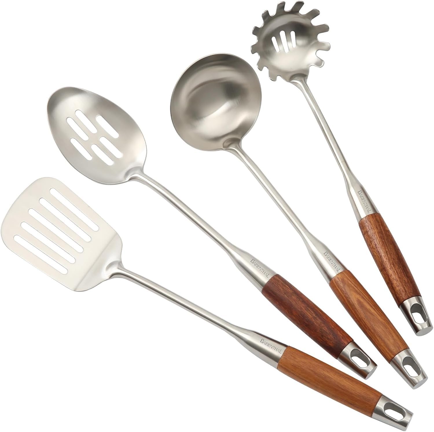 Juego de utensilios de cocina, utensilios de cocina de acero inoxidable 304 con mango de madera, juego de 4 utensilios de cocina de acero inoxidable, espátula ranurada, pasta, cuchara, cucharón de