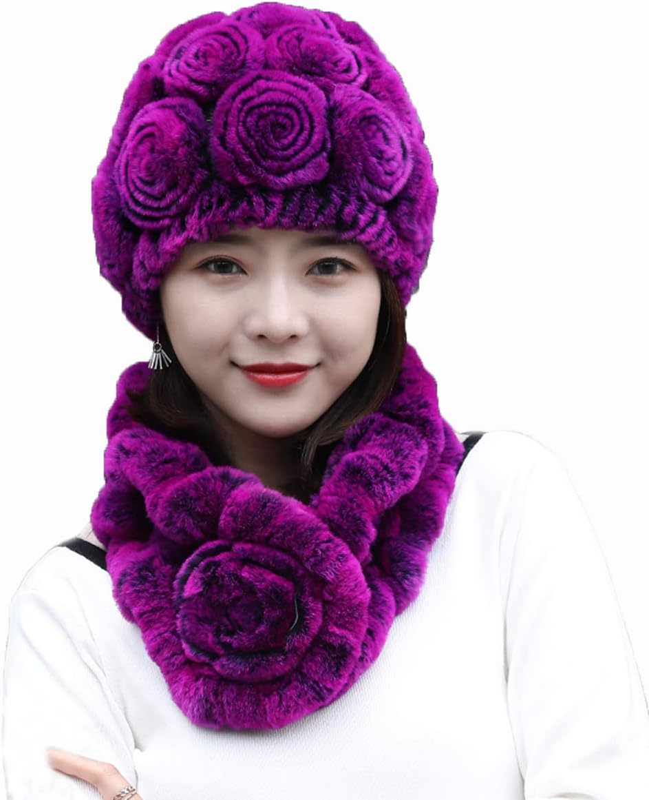 2PCs Women's Genuine Rex Rabbit Hair Hat+Scarf Set Knitted Cap Winter Warm Neckerchief