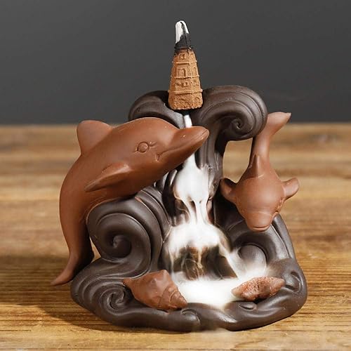Miniatura 4 de Inscent - Quemador de incienso con forma de cascada de delfín y reflujo, reloj de cerámica, decoración budista, cono zen (10 conos de