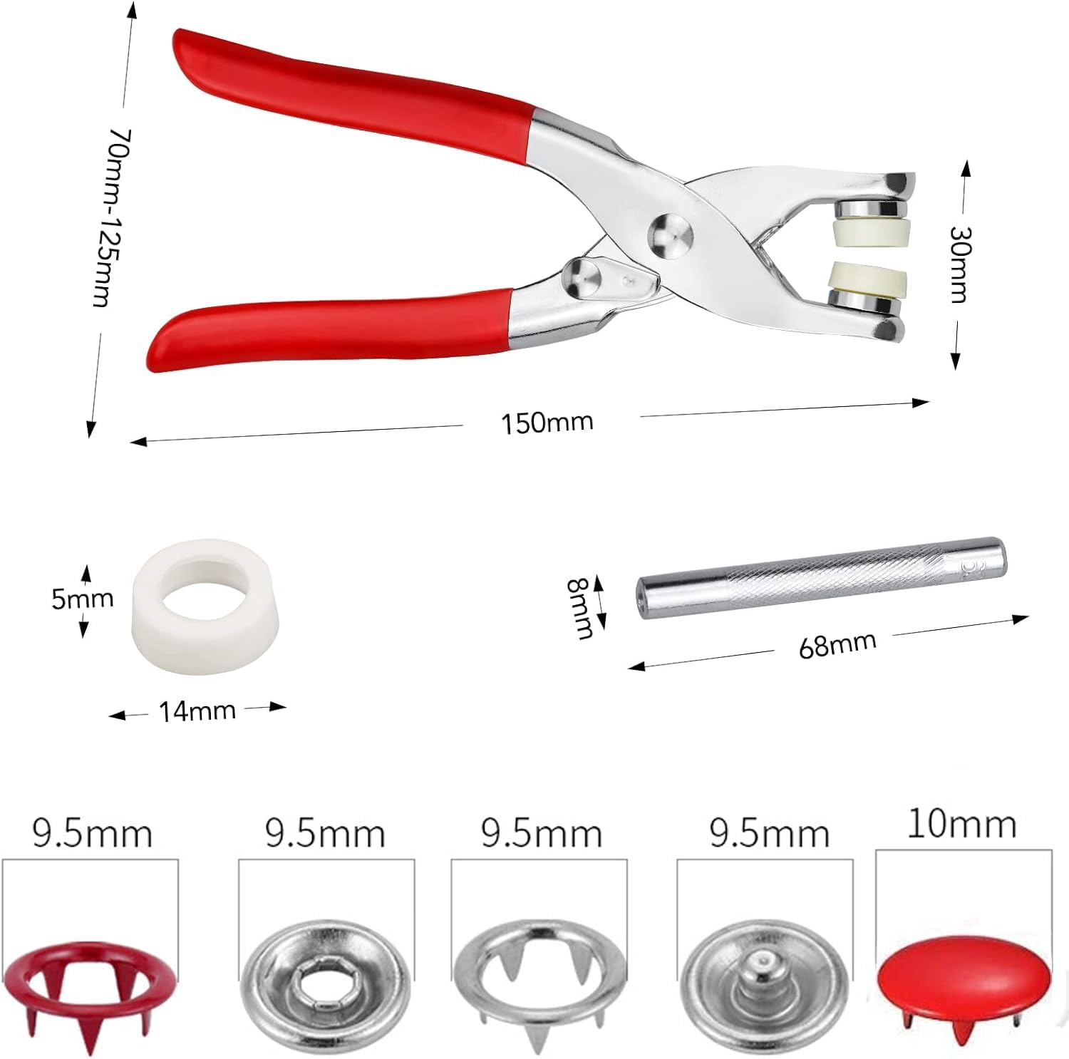 Lot de 200 boutons-pression avec pince - Anneau en métal - 9,5 mm - En jersey - 10 couleurs