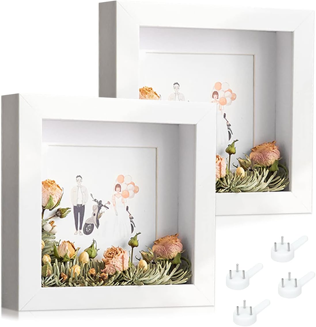 2Pcs 3D Picture Frame 20x20 cm, Deep Picture Frame for Filling with Acrylic Plate, 3 cm Inner Depth, Wooden Shadow Box for Baby Wedding Favours, Photos, Flowers, Tickets (White, Square)