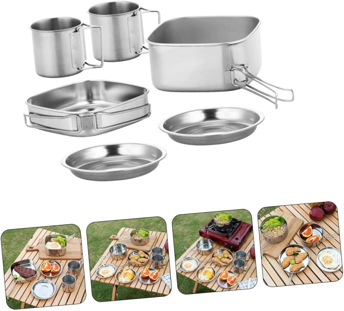 1set Outdoor Camping Pot Portable Stainless Steel Cooking Pan for Hiking and BBQ Camping Cookware Cups and Plates for Picnic and Outdoor Activities