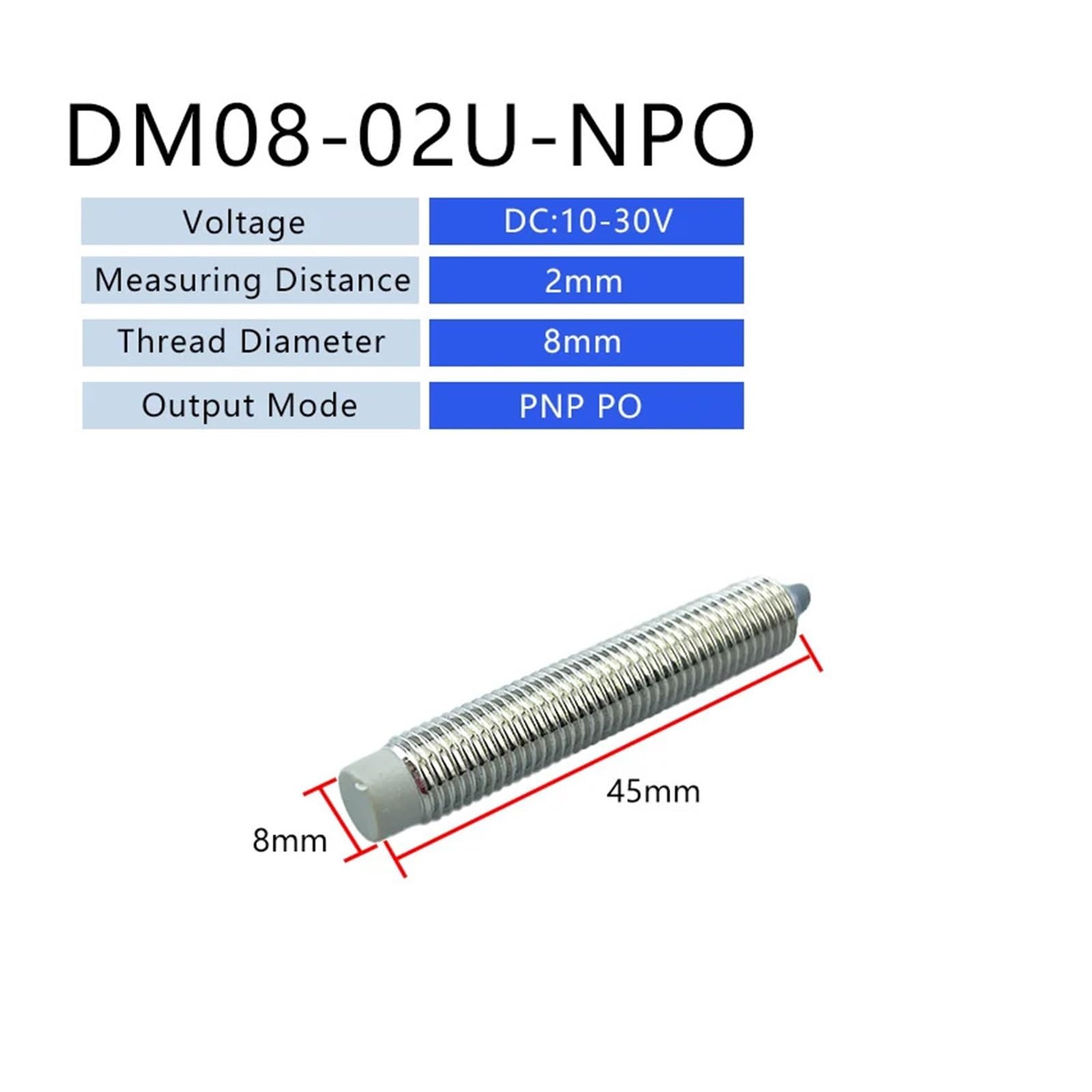 Sensor de proximidad inductivo serie M8/M12/M18. Distancia de detección: 2 mm, 4 mm, 8 mm. Instalación: empotrada o no empotrada. Voltaje: 6-36 V. Tipos de electrodos: NPN, PNP.(DM08-02U-NPO)