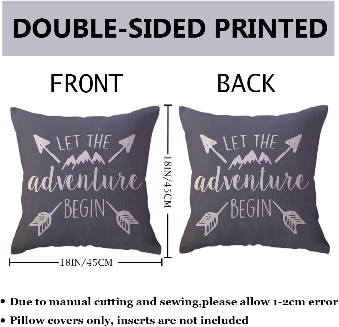ULOVE LOVE YOURSELF Adventure Arrow Throw Pillow Covers Mountain Forest Pillowcases 18 x 18 Inch Let The Adventure Begin Decorative Cushion Covers for Cabin/Camper (Grey) - Image 2