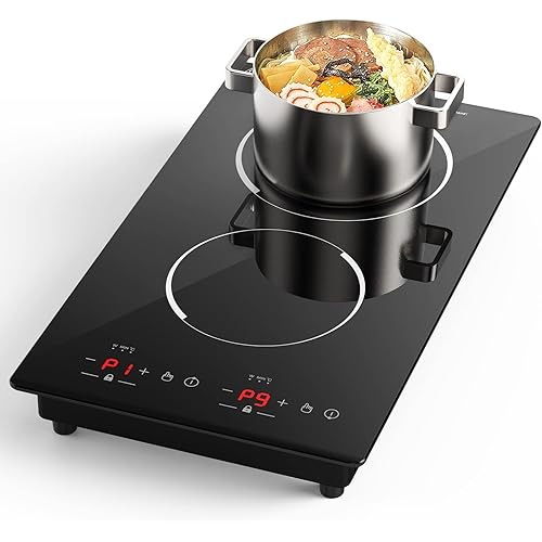 Double Induction Cooktop, Portable Induction Cooker with 2 Burner Independent Control, Ultrathin Body, 9 Temperature, 2300W-Multiple Power Levels, 2 Hour Timer, Safety Lock