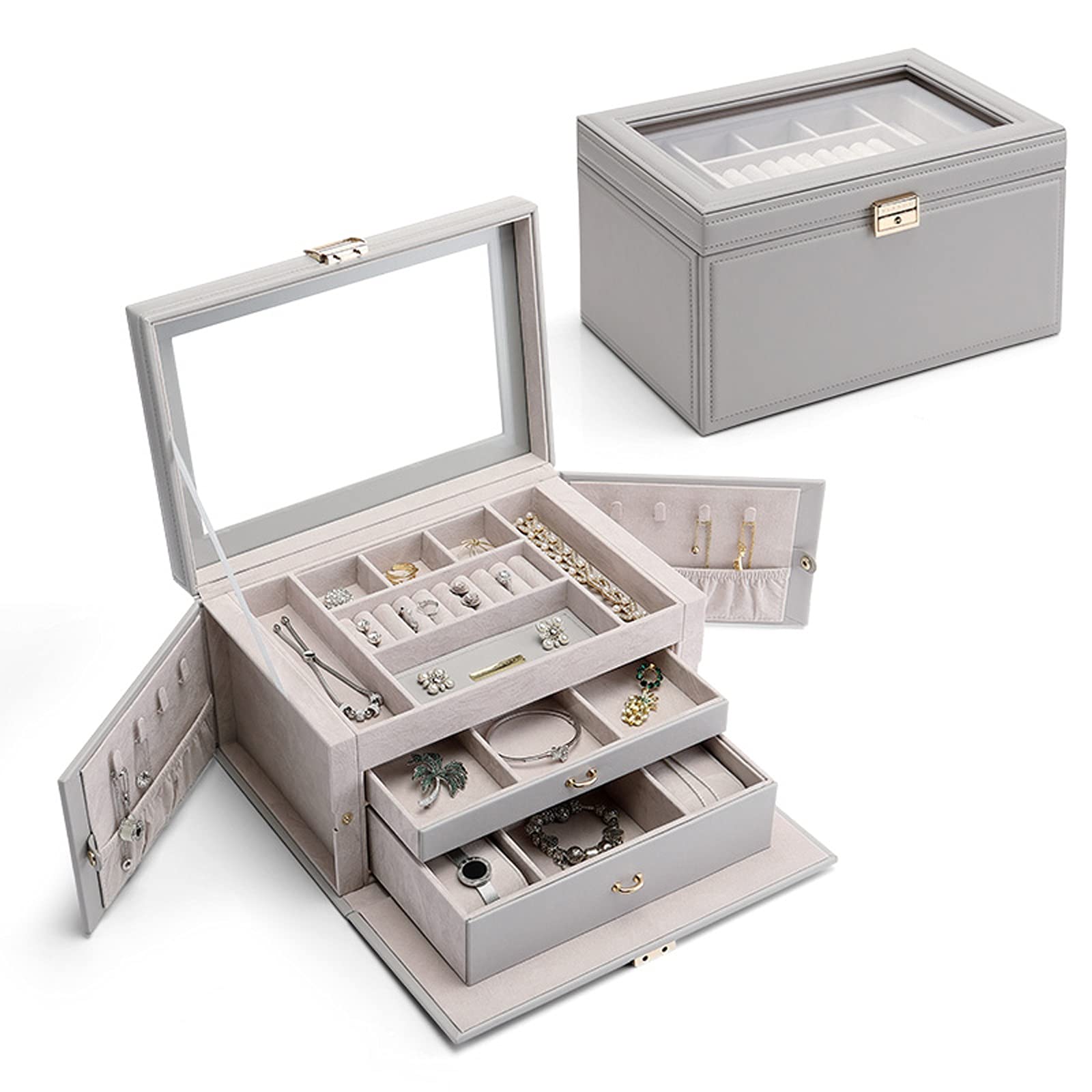 Jewelry Box PU Leather Travel Jewelry Boxes with 2 Drawer Large Capacity Jewelry Organizer Box Rings Pendants Storage