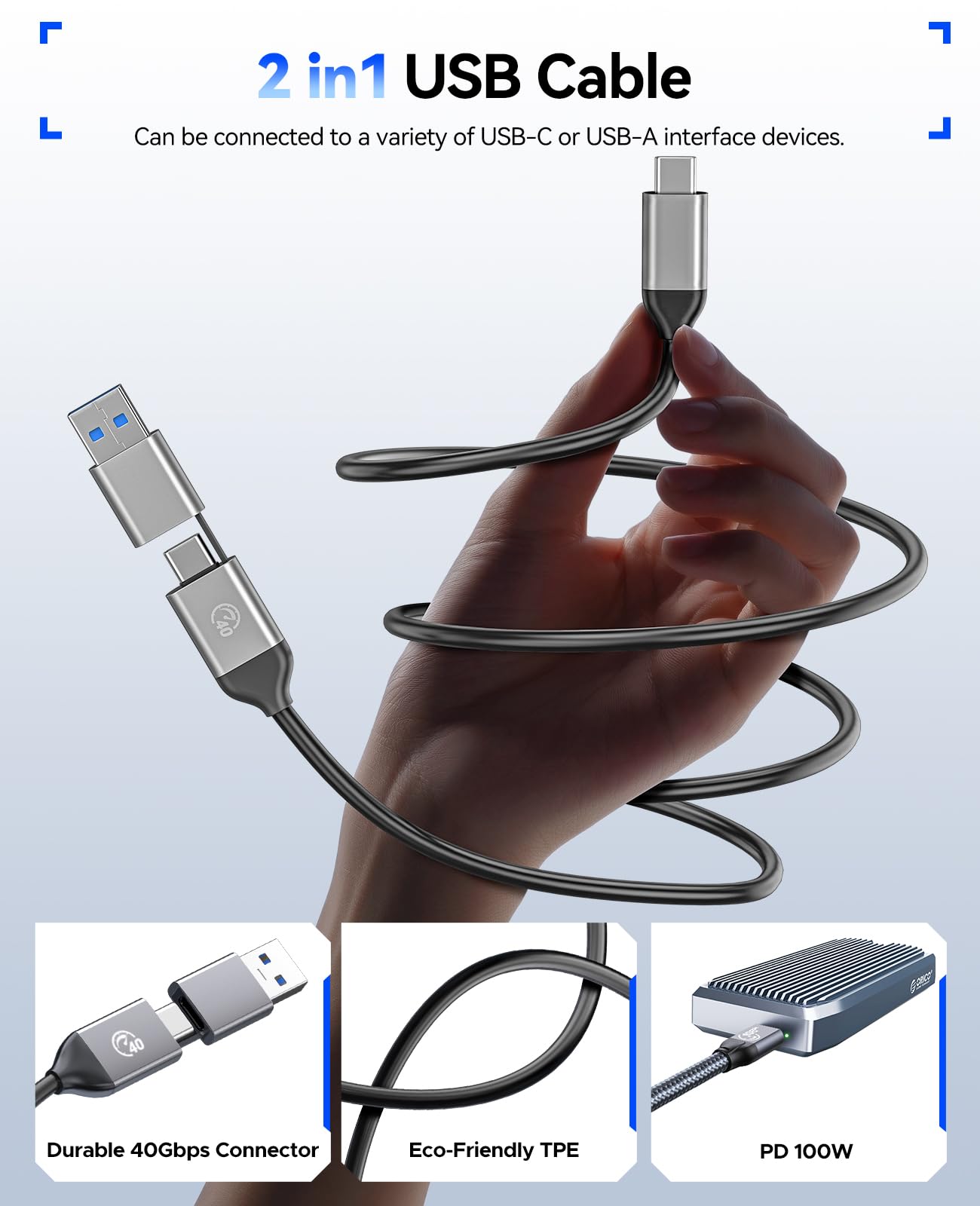 Carcasa para SSD M.2 USB4 de 40 Gbps, soporta SSD M.2 NVMe de hasta 8 TB, funda de aleación de aluminio con aletas, cable USB-C a USB-A y C 2 en 1, Plug and Play, compatible con Thunderbolt 3/4, 7