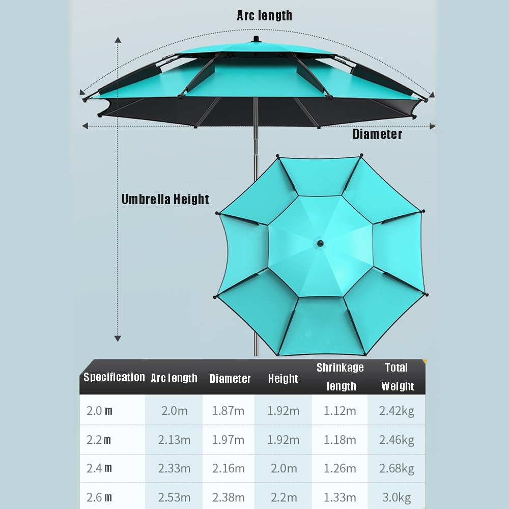 200cm 260cm Paraguas De Pesca Aire Libre, Sombrilla De Playa Antiviento, Paraguas De Patio Protección UV Con Función De Inclinación