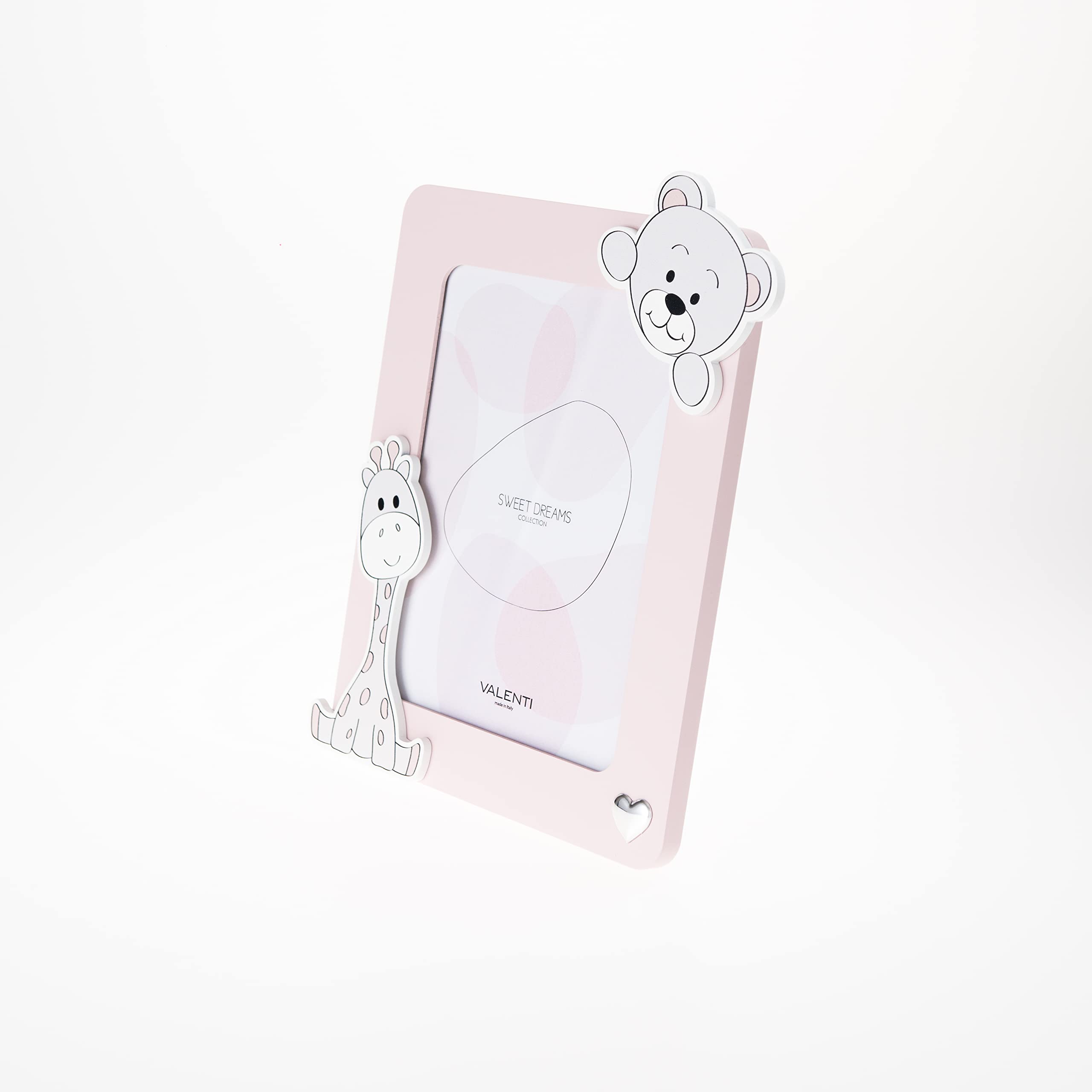 VALENTI & CO. - Cornice Porta Foto rosa in legno con animali dello zoo, da Tavolo o da appendere come decorazione in cameretta, idea regalo per Neonato e Bambino - 13x24