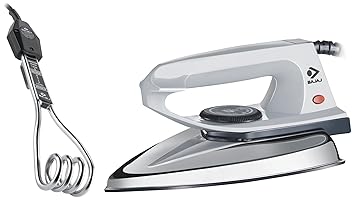 Bajaj DX 2 600W Dry Iron, Non-Stick, Anti-Bacterial, Cool Touch, Grey | Bajaj Copper 1000W Immersion Rod Heater, Anti-Corrosive, ISI Approved, Black/Silver