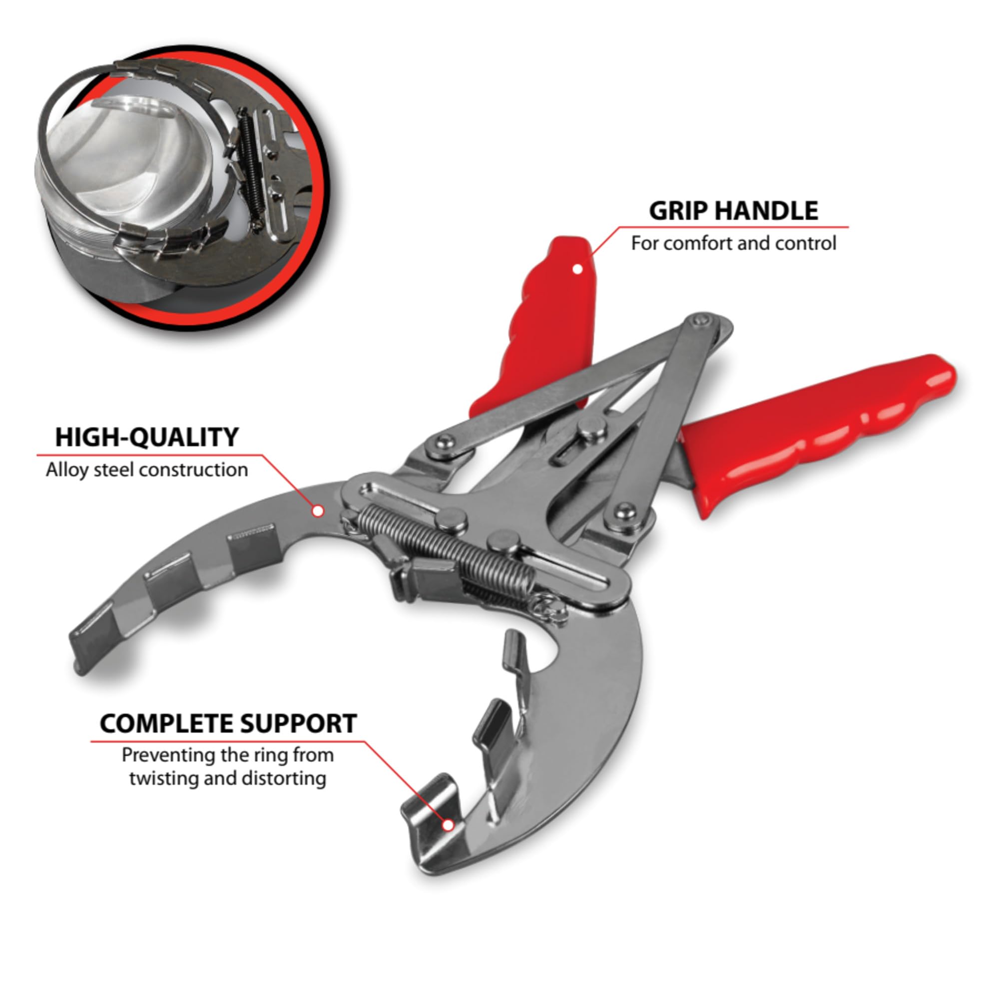 Performance Tool W80598 - Alicates de anillo de pistón de 4 pulgadas, acero de aleación, agarre acolchado de plástico, herramienta de revisión del motor, rojo