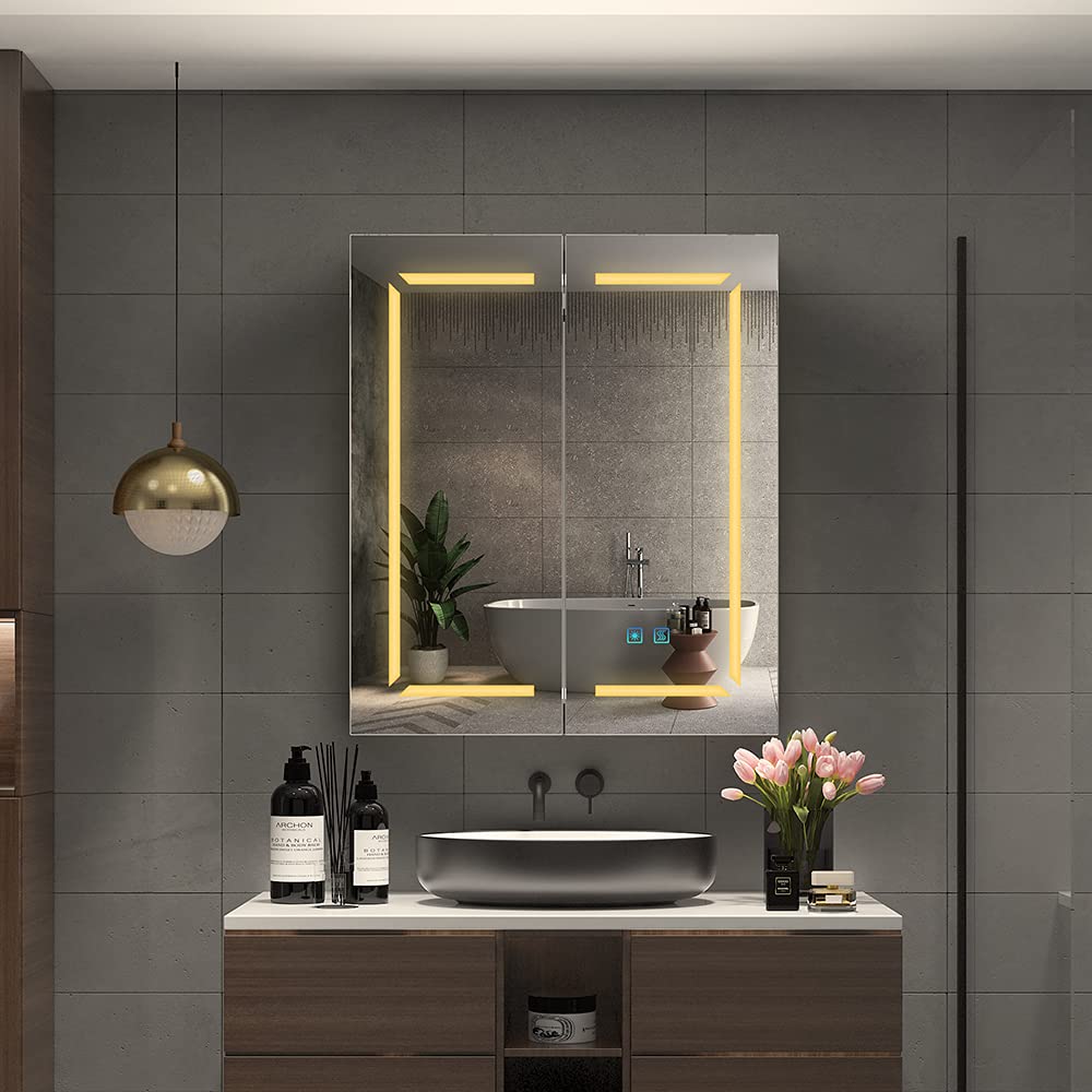 Quavikey® czarna szafka łazienkowa podświetlana LED 60x70cm naścienna, z 2 przyciemnianymi lustrzanymi drzwiami, przeciwmgielną, gniazdkiem na golarkę