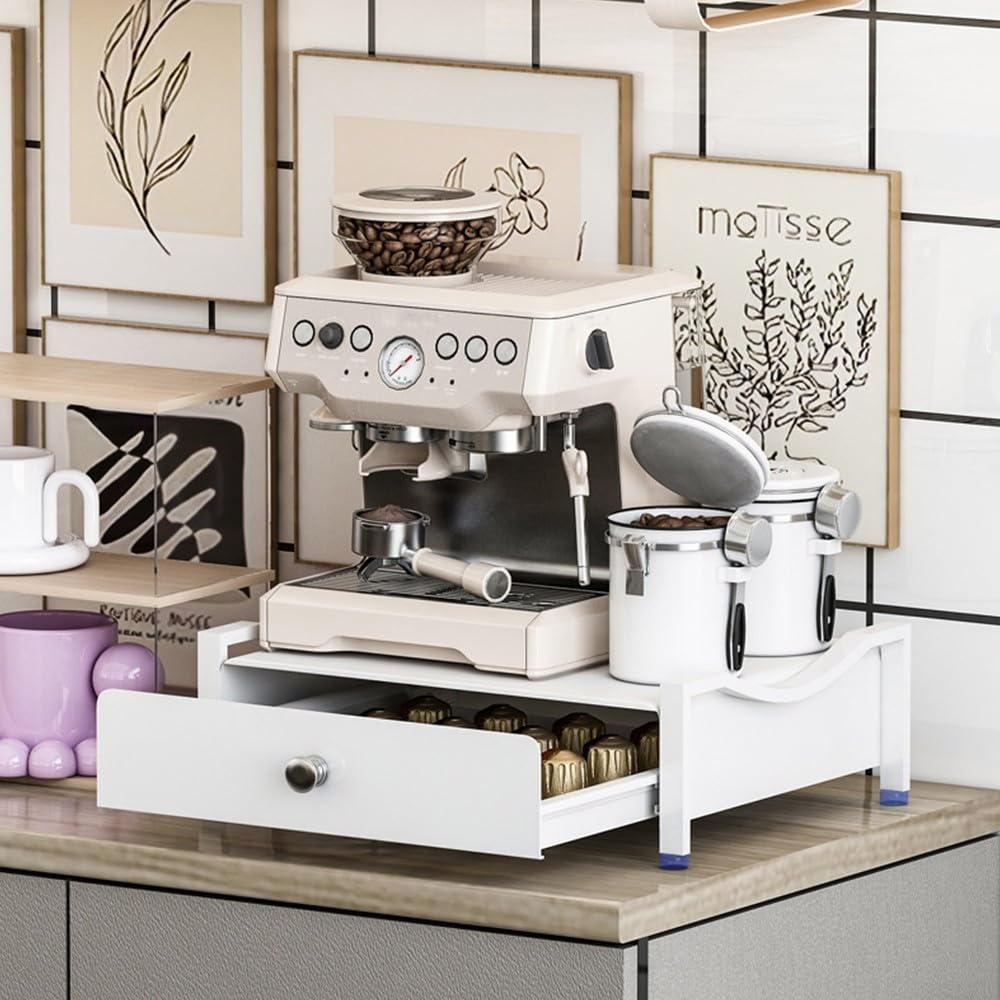 Estante de metal para máquina de café con cajón deslizante, estante de barra de café que ahorra espacio para soporte de cápsulas y soporte de cápsulas, organizador de encimera de cocina para