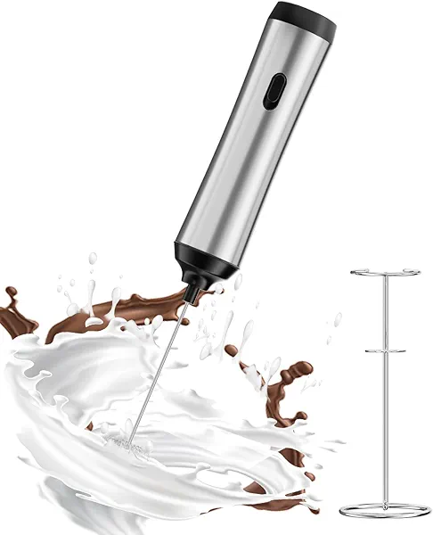 QTDHG Rechargeable Milk Frother with Stand, Electric Frother Wand Handheld Coffee Foam Maker Detachable Stainless Steel Whisk Drink Mixer Foamer for Latte, Cappuccino, Hot Chocolate, Egg (Silver-1)