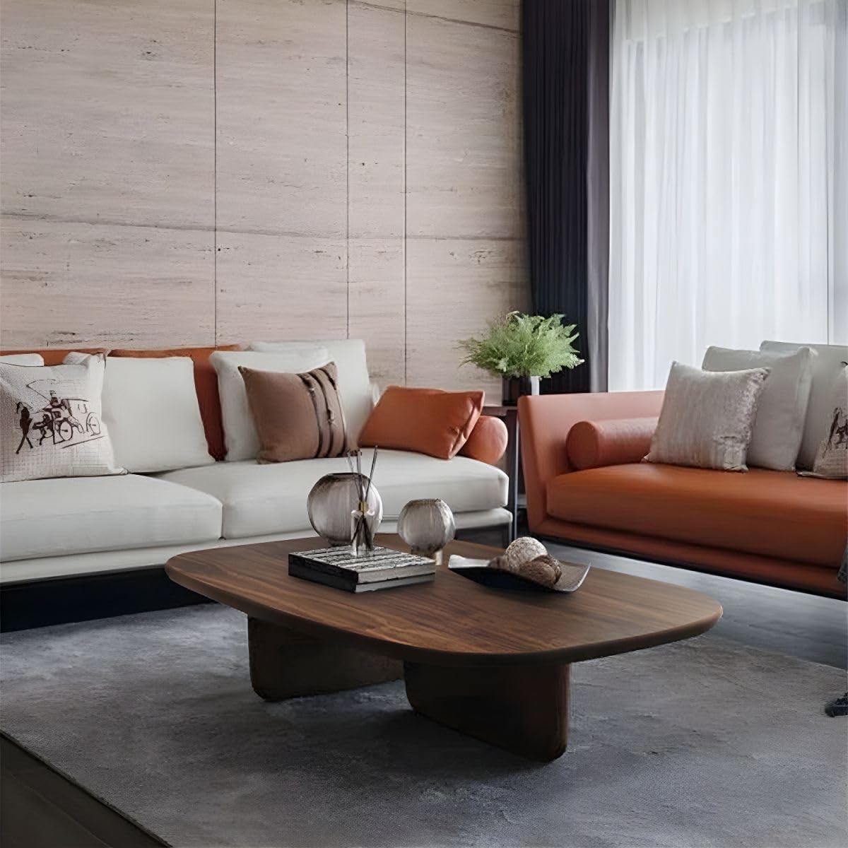 Modern Wabi-Sabi Coffee Table - Solid Pine Wood Rectangular Cocktail Table, Walnut Finish, 39.5" L x 19.5" W x 16" H - Stylish Living Room Furniture