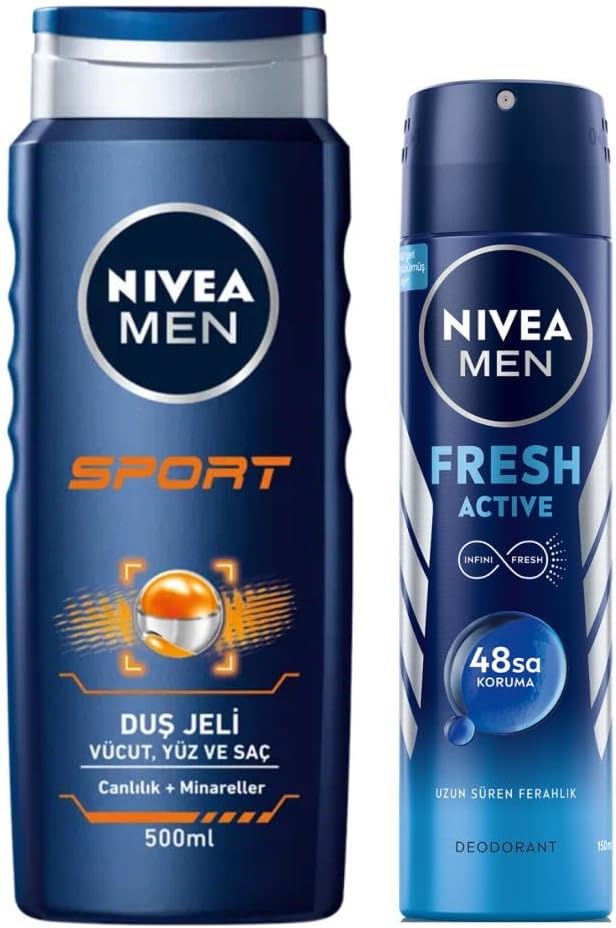 NIVEA Men Erkek Sprey Deodorant Fresh Active 48 Saat Deodorant Koruması 150ml ve NIVEA Men Sports Duş Jeli 3ü 1 Arada Kullanım,Vücut, Yüz ve Saç, 24 Saat Ferahlık 500 ml