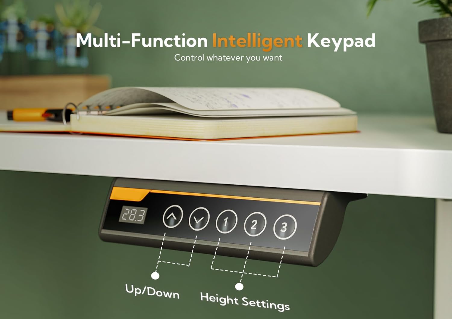 Diagram showing the ultra-quiet operation of the Seang Electric Standing Desk compared to normal voice and engine sound.