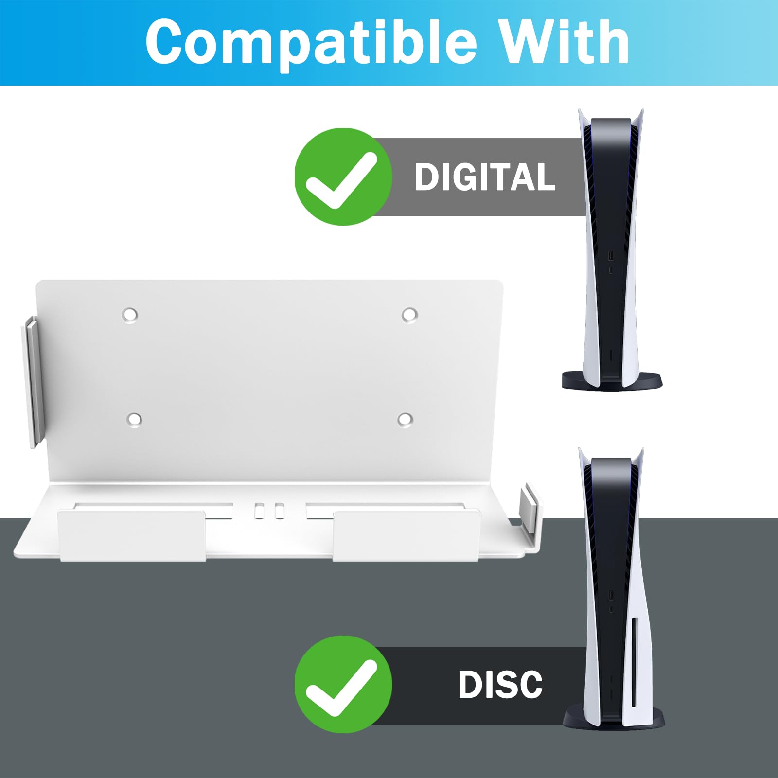 Soporte de pared para PS5, soporte de pared compatible con PS5 original (disco y digital), soporte de pared compatible con Playstation 5 (no incluye soporte para controlador y colgador de auriculares)