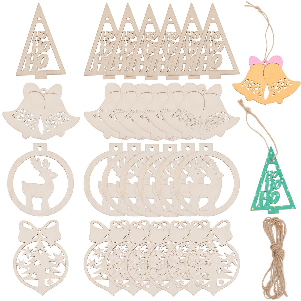 Pendentif en bois vierge pour bricolage de Noël : lot de 40 pièces en bois brut avec cordons