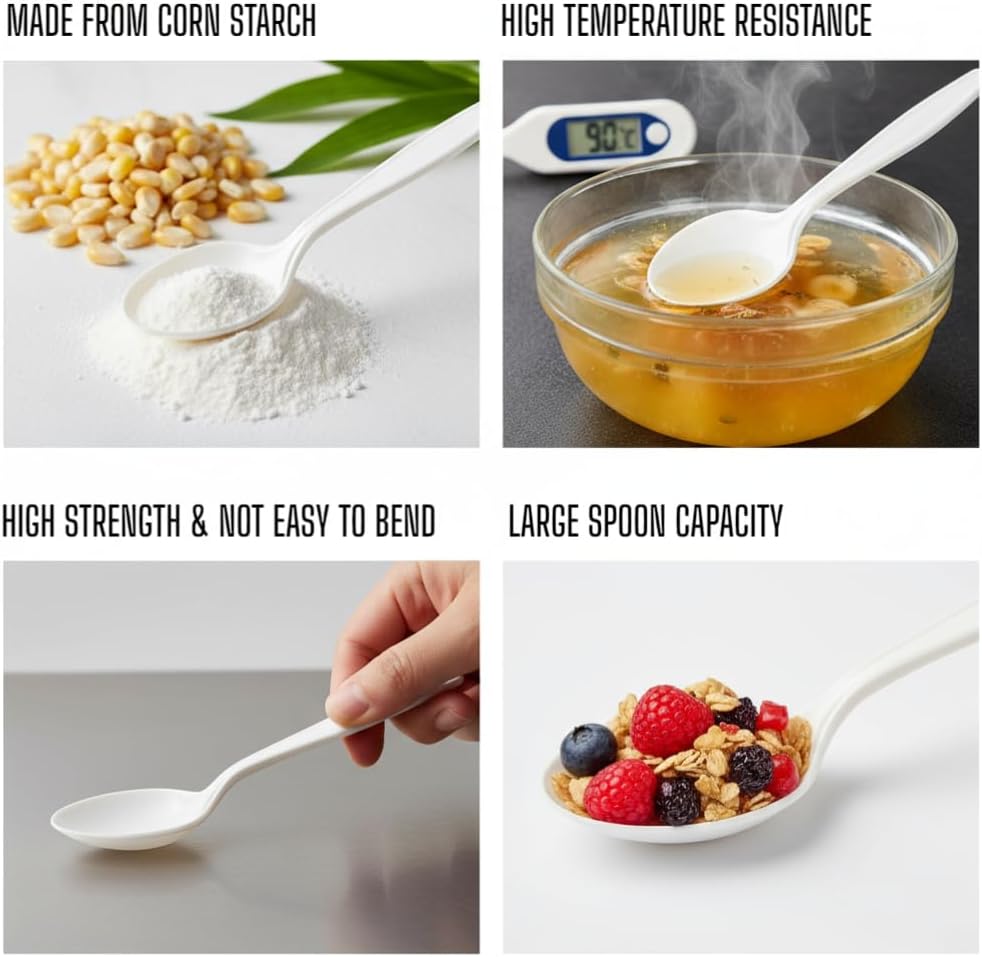 Eco-Friendly 6" Disposable Soup Spoons - 50 Pack Heavy Duty Disposable Silverware, Extra-Length Cornstarch Serving Spoons for Hot Soup, Ice Cream,Chili, Parties (Ivory)