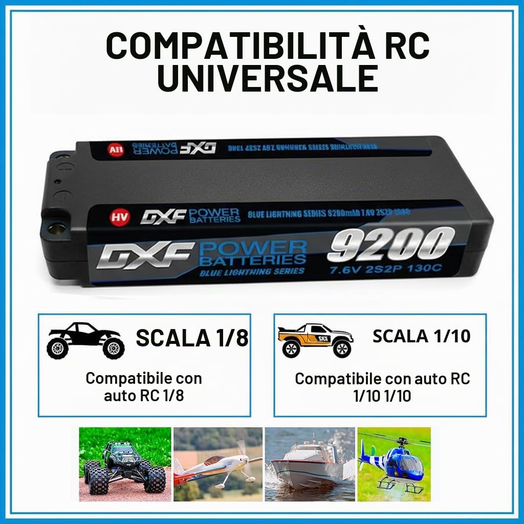 DXF Batteria LiPo 2S 7.6V 9200mAh 130C HV 2S2P Spina Deans T Bullet 5mm Auto RC 1/8 1/10 Truck Buggy Compatta Leggera Alta Potenza Massime Prestazioni 1 Pezzo