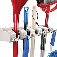 HOMEIT Mop & Broom Holder Wall Mount - 5 Slots 6 Hooks Garage Storage Organizer, 7.5lbs Capacity Per Slot, Off-White Garden Tool Rack