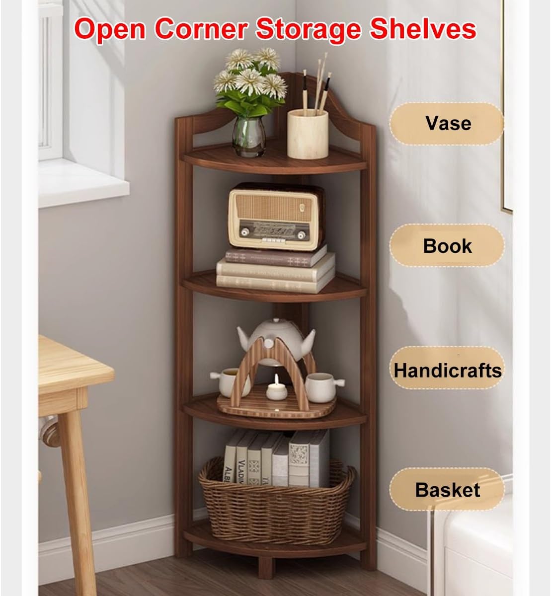 Corner Storage Shelves 3/4/5Tier Wooden Free-Standing Organizer for Compact Space in Living Room/Bedroom/Entryway/Kitchen,Corner Bookcase Or Plant Stand (Original Colour 3 Tier)