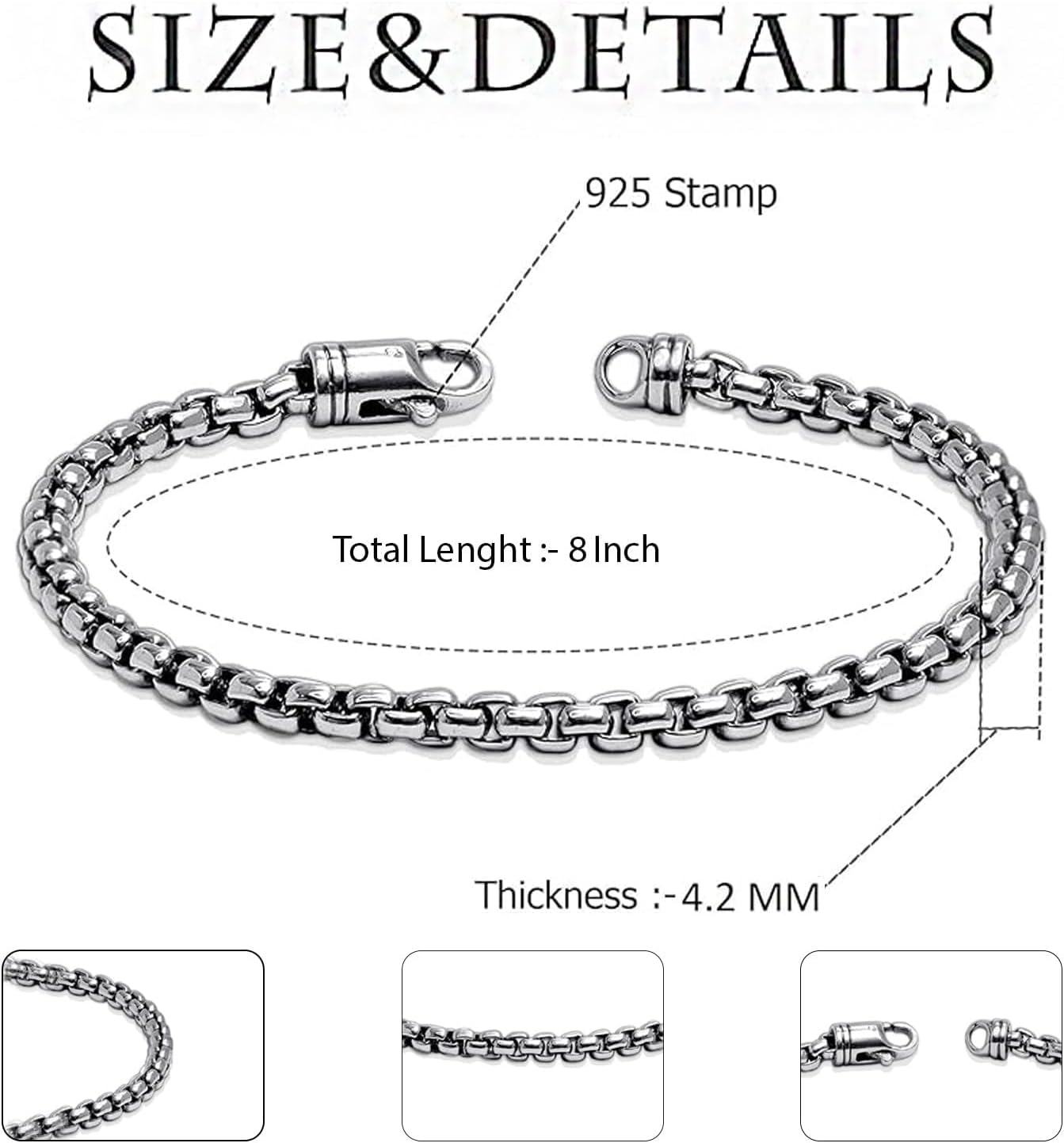 LeCalla Solid 925 Sterling Silver Men's Box Chain Bracelet | Italian Square Rolo Link Round Box Chain Bracelet for Men, Made in Italy (7.5, 8, 8.5, 9 Inches) - Image 5