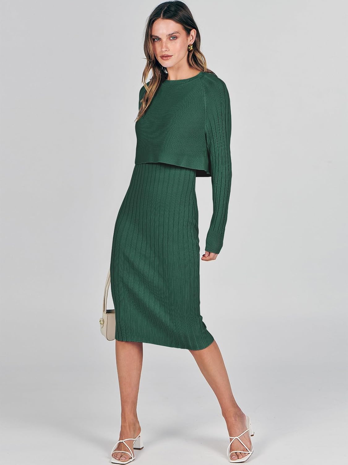 ANRABESS Womens 2 Piece Outfits Sweater Dresses Set Midi Skirt Sets Long Sleeve Crop Top Bodycon Ribbed Knit Dress 2025 Fall - Image 7