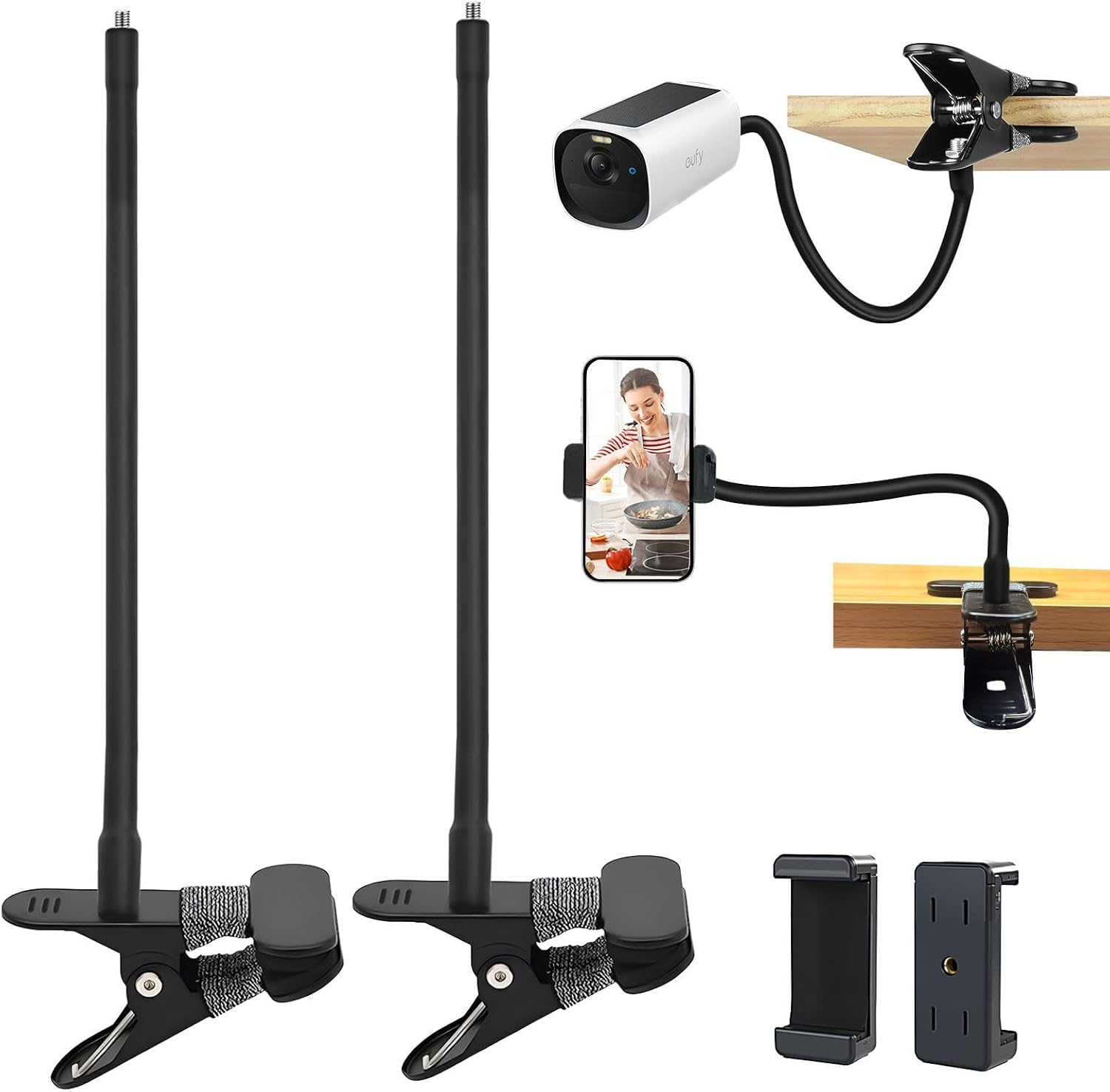 Pack of 2 Camera Mount for Eufy Cam 2/2C/2Pro/2C Pro/3/3C/E40/SoloCam S220/C210/Tapo TP-Link C425/Ring Indoor Cam with 2 Clips for Phone Holder, Universal Metal Clamp Holder (Black)