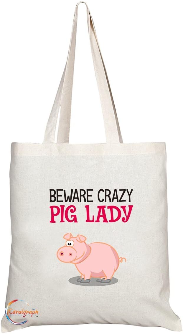 TB233 Beware Crazy Pig Lady Novelty Present Gift Printed Eco-Friendly Stylish Long Handled Tote Shoulder Bag