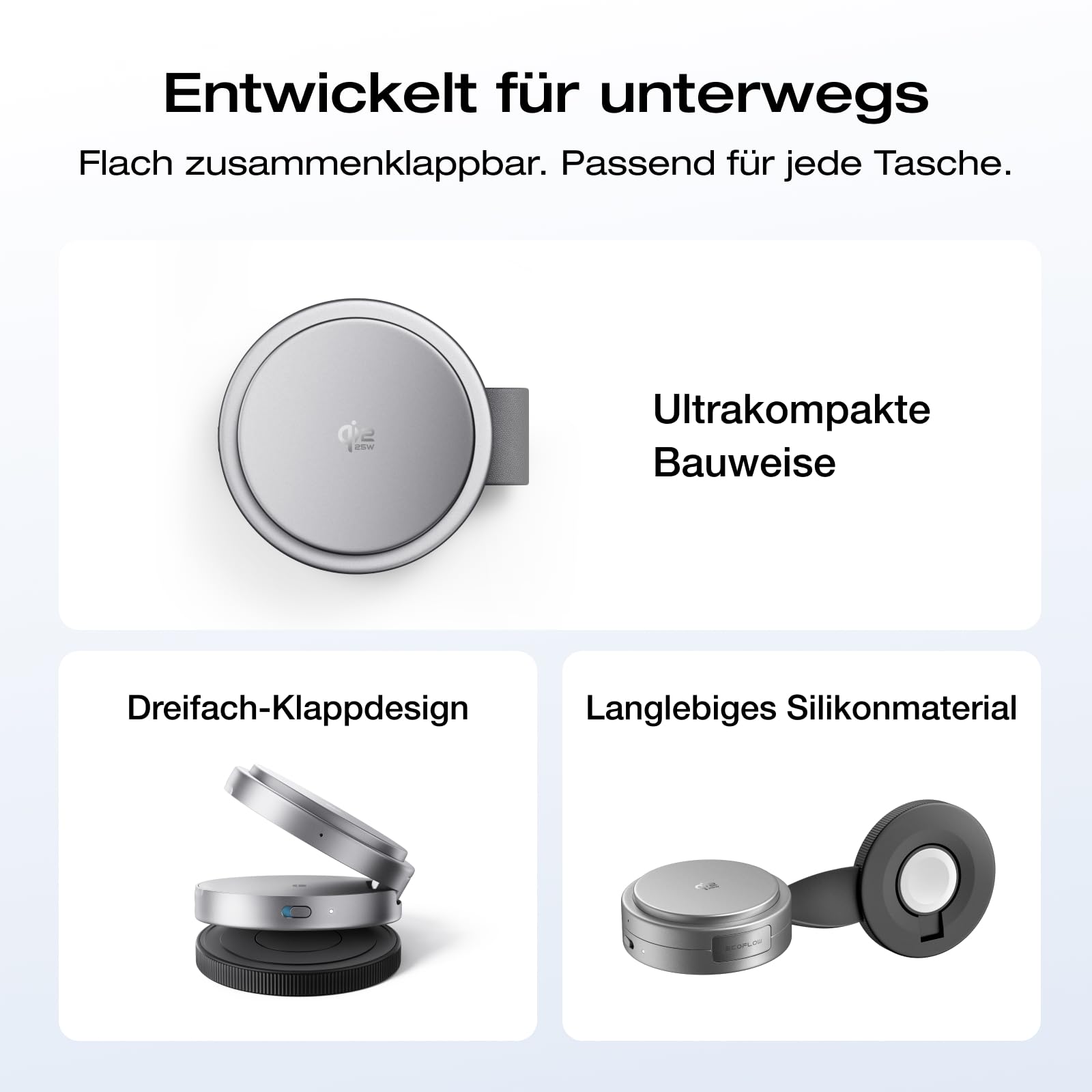 EcoFlow Qi2.2 Magsafe Ladestation 25W mit Faltbar Ständer, Wireless iPhone Ladestation Magnetisches Kabelloses Ladegerät für iPhone 17/16/15/14 Series, Apple Watch und AirPods, Schwarz