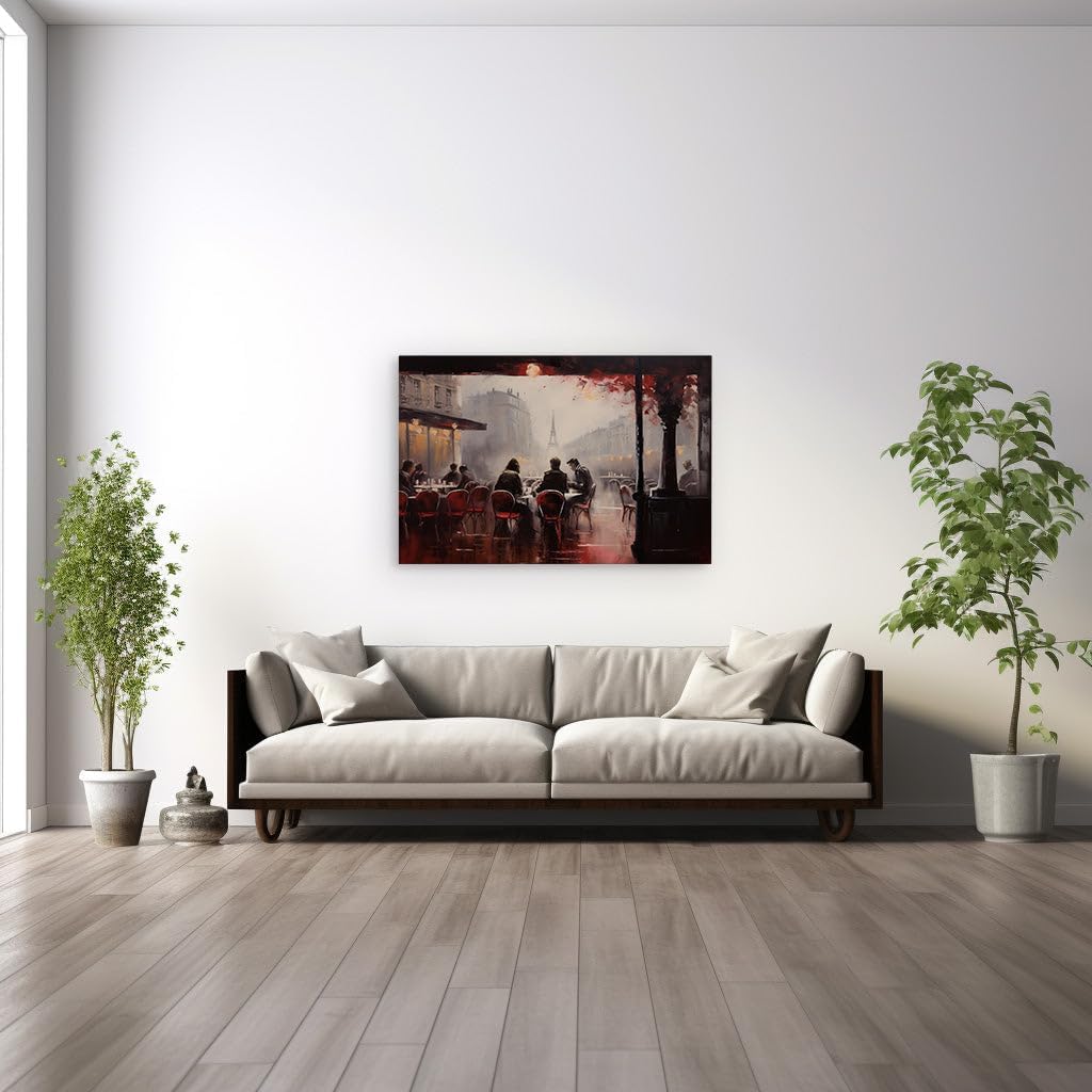 Canvas for Living room. Parisian Cafe Ambiance: A Rainy Day Encounter with the Eiffel Tower, 27 x 18 inch Canvas Wall Art - Ready to Hang