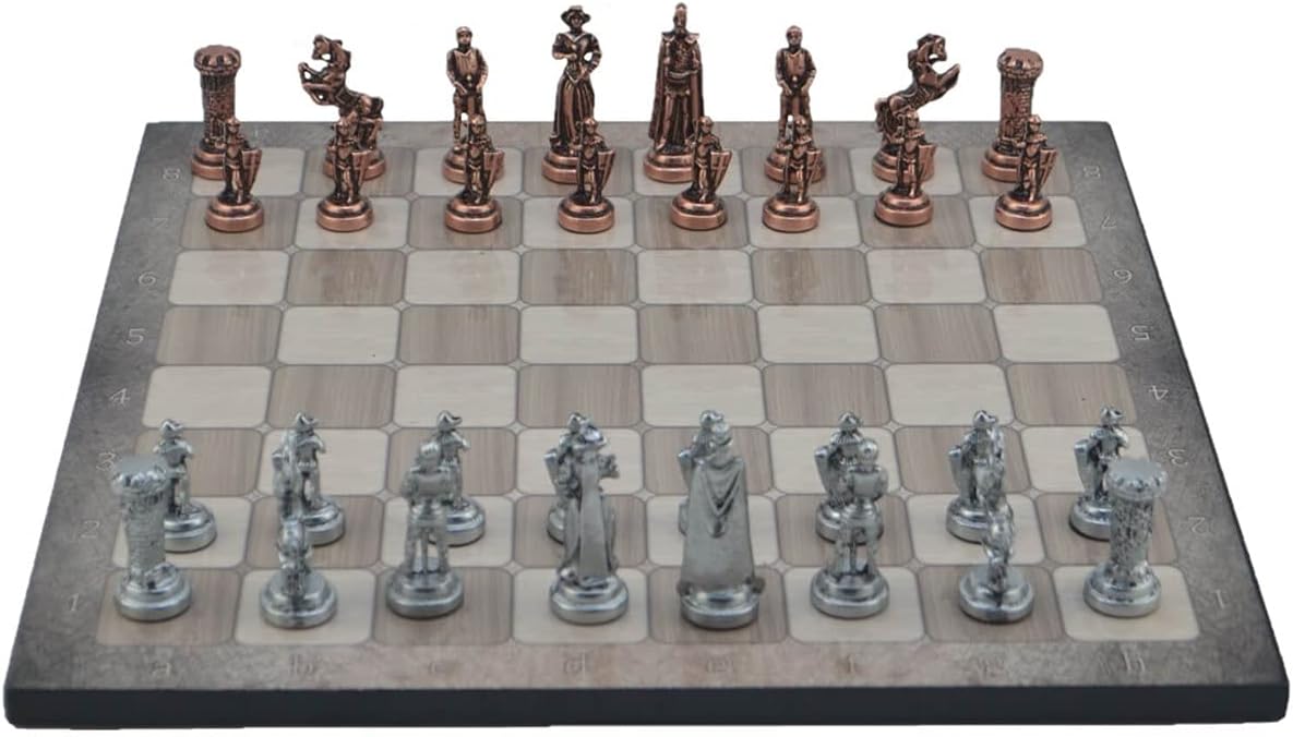 Metal Chess Set for Adults Medium Medieval British Army Antique Copper Figures,Handmade Pieces and Different Design Wooden Chess Board (Platin Oak)