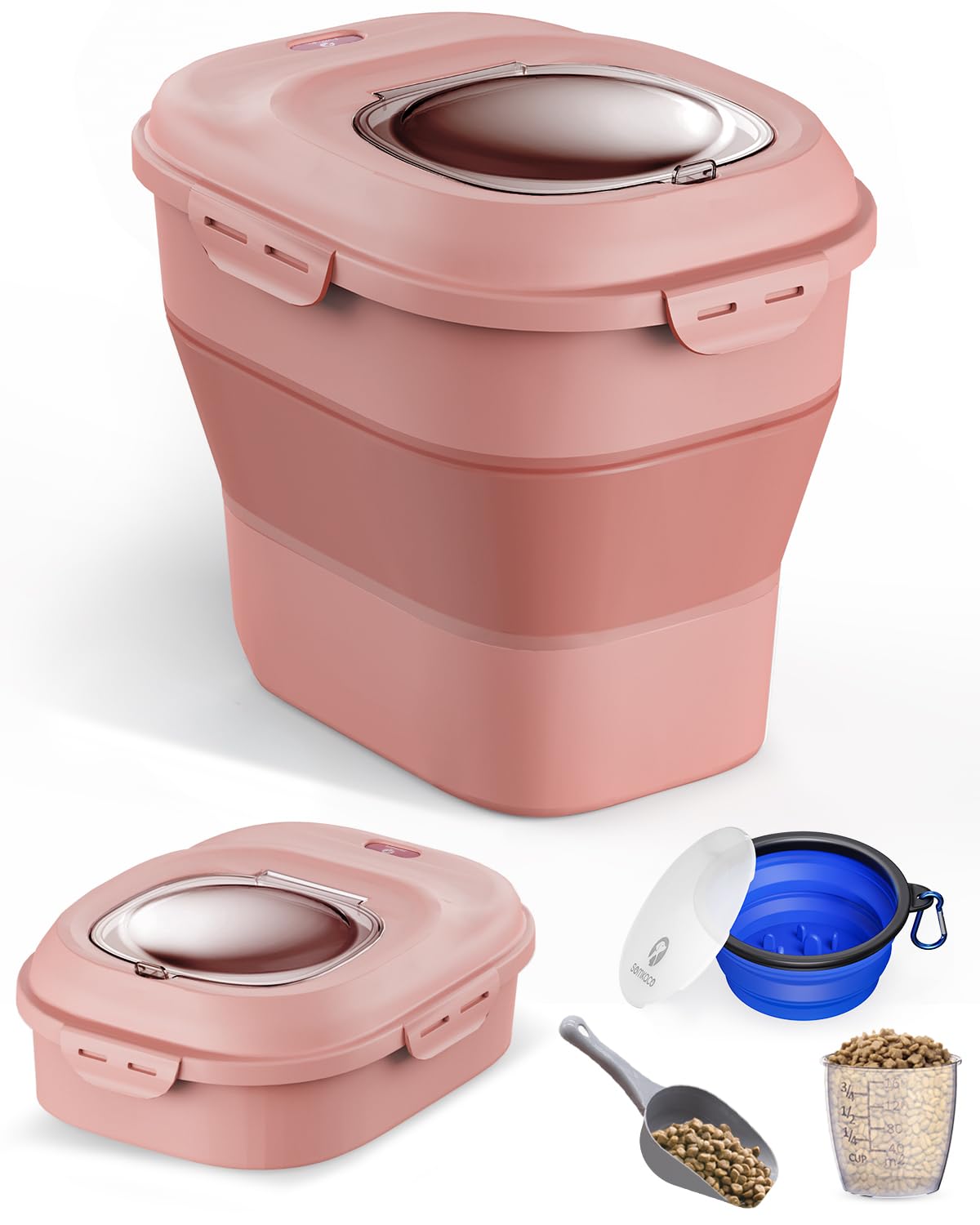 Dog Food Storage Container Collapsible Dog Food Container with Transparent Lid and Wheels - Dog Food Storage Container Set with Dog Slow Feeder Bowl, Food Scoop, Measuring Cup