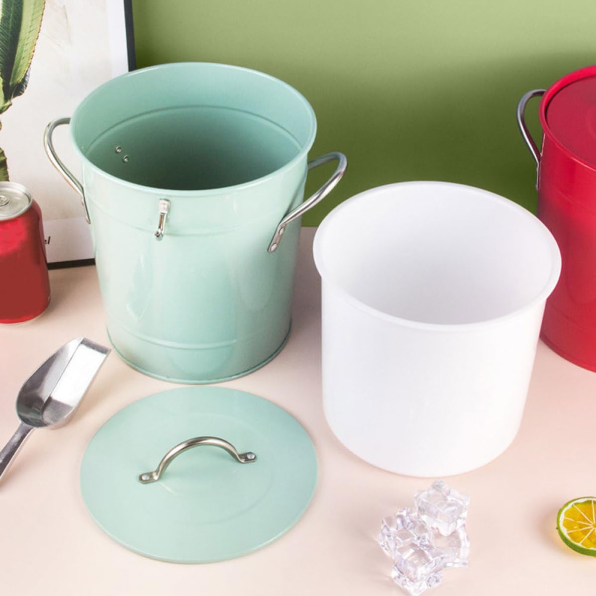 VICASKY Cubo de Hielo Portátil de Hierro Asa Hogar y Fiestas, Balde de Hielo Verde Resistente y Funcional para Ktv y Eventos