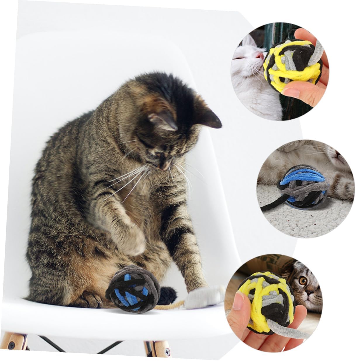 GANAZONO 8pcs Cat Plush Balls with String Soft Fuzzy Cat Scratching and Kittens Colorful Blue and Yellow Interactive Chew
