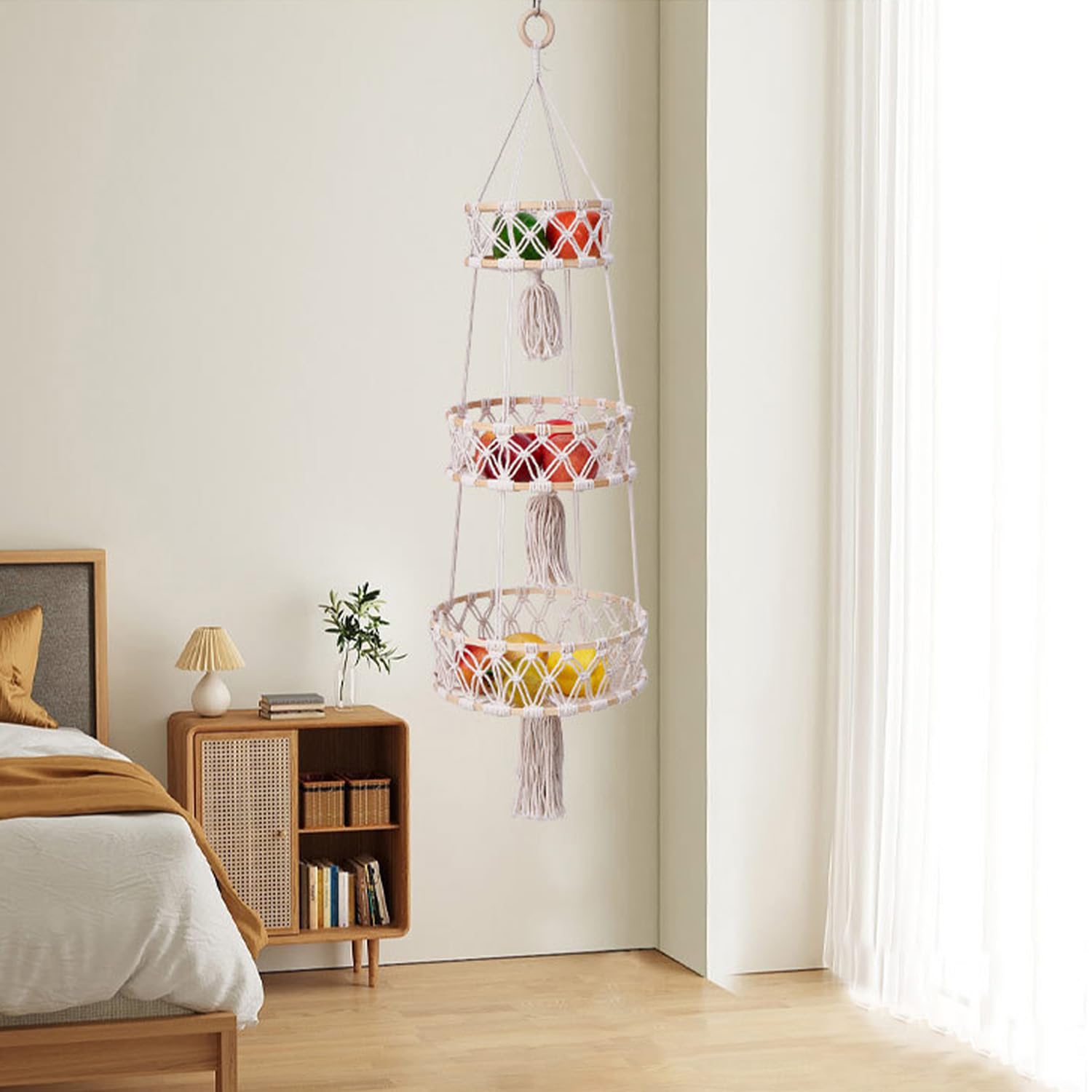 Cestino da Appendere in Macramè, Cesto Per Frutta da Appendere, Cesto da Parete 3 Livelli, Stile Bohemien Cestini Portaoggetti da Parete, Adatto Per Cucina, Soggiorno, Bagno
