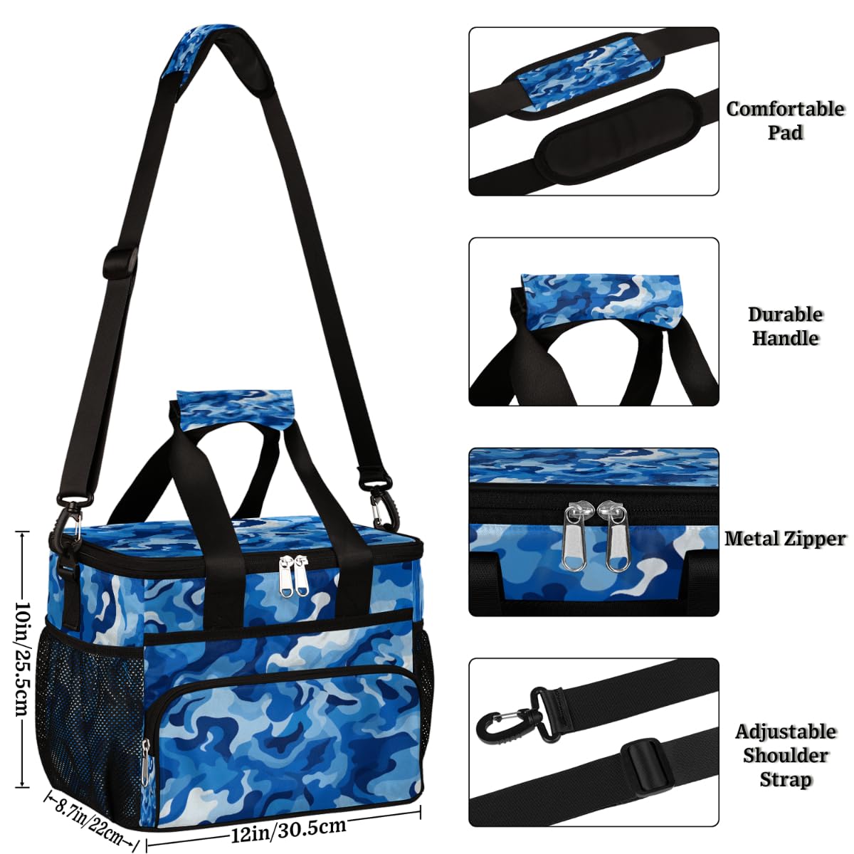 Camouflage Blue Insulated Picnic Backpack Lunch Box for Women Men Picnic Basket Tote Lunch Bag Picnic Bag Portable Lunch Bags for Picnic, Beach, Work, Trip,Office, Camp Abstract Camo Texture