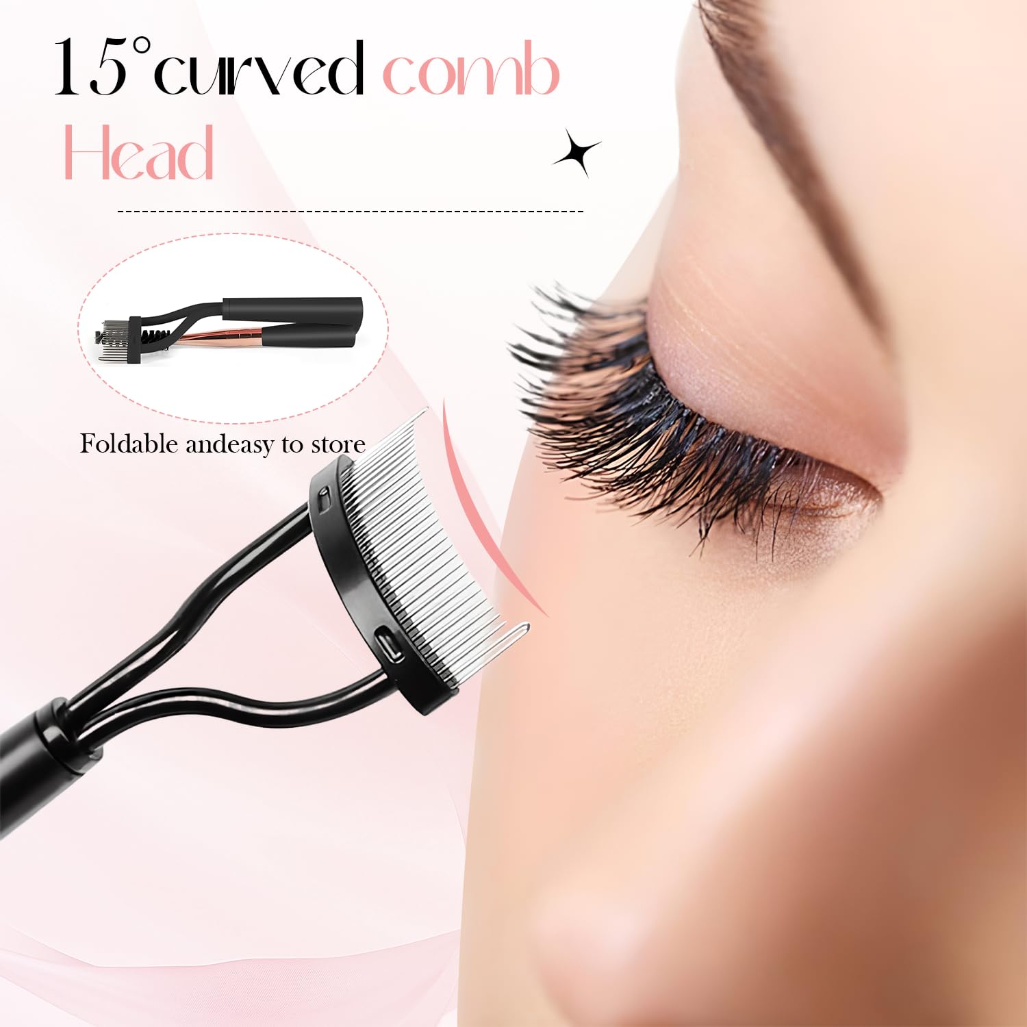 CoolShef Eyelash Brush with Eyebrow Spoolie | Foldable Lash Separator Tool & Arc Eyelash Comb | Dual Head Design for Combing, Defining & Separating Lashes (1Pcs) 1