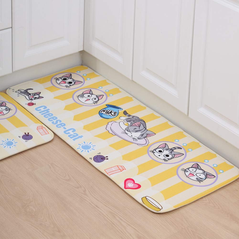 Tapis De Bain Antidérapant pour Enfants Tapis De Cuisine Devant Evier Velours Corail Lavables Longs Paillasson Chat Mignon De Chambre d'enfants, Jaune