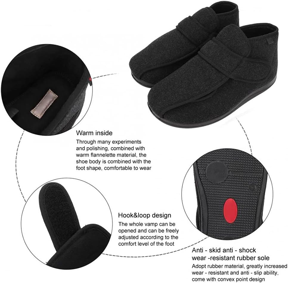 Diabetic Slippers for Men Extra Wide Adjustable Comfy Edema Swollen Feet Indoor Outdoor House Shoes, Adjustable Memory Foam Flat Shoes