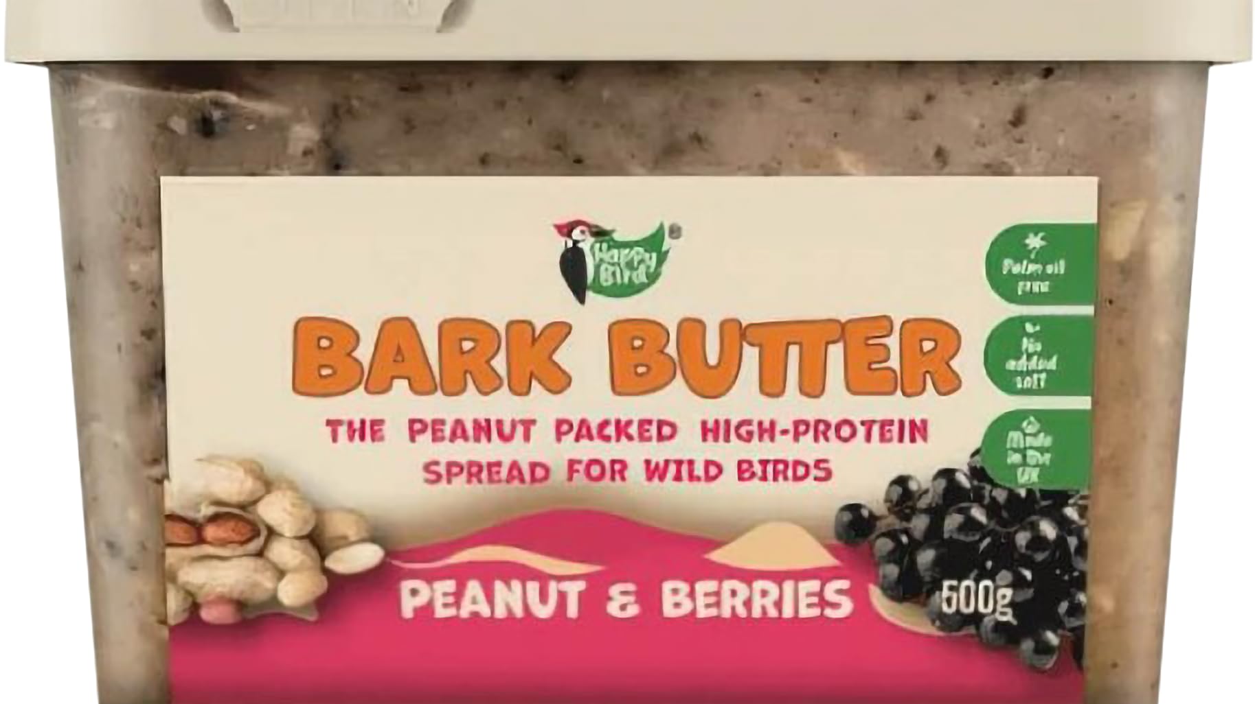 Happy Bird Bark Butter Peanut & Berry Spread for Wild Birds, Berry 500 g – Palm Oil Free, No Added Salt, 500g