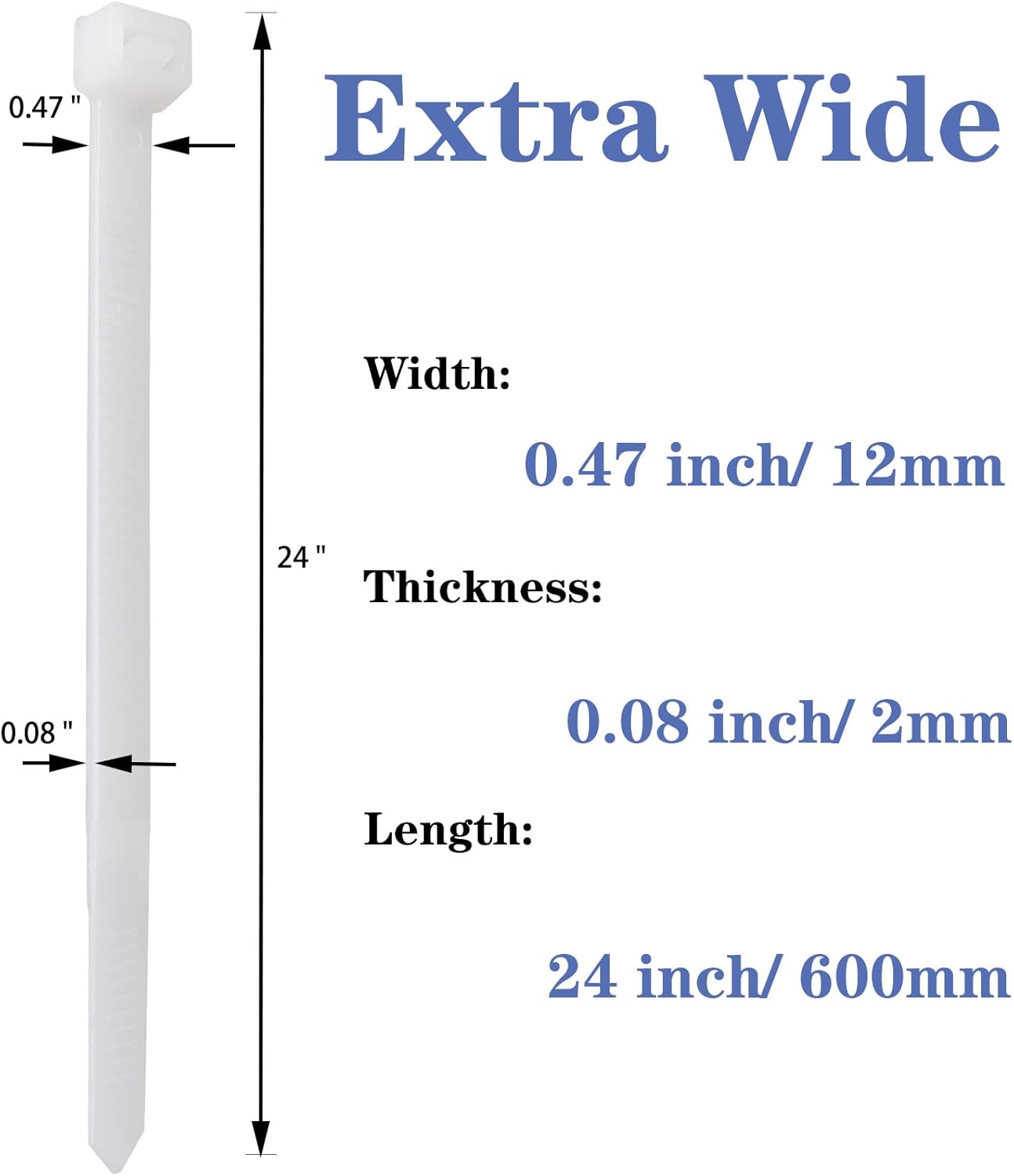Extra Wide Zip Ties 24 inch, Strong Large Zip Ties Heavy Duty with 250 lbs, Long Big Industrial Wire Tie, Thick White Cable Tie for Outdoor,12 PCS