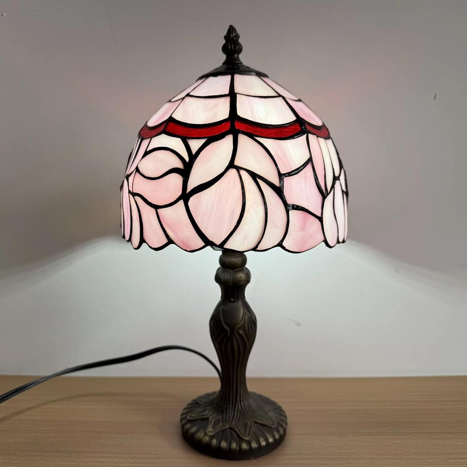 Tiffany Style Pink Petals Small Table Lamp,3 Color-Temperature Bedside Lamp for Bedroom,Hand-Made Stained Glass Vintage End Table Lamps for Living Room, Nightstand Light+LED Bulb,8X8X15Inch