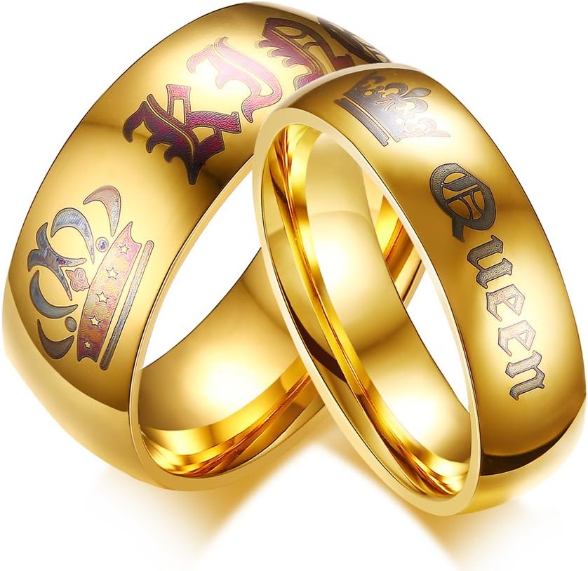Joielavie Jewellery Ring Royal Crown King Queen Alphabet Engraved Gold Plated Stainless Steel Couple Lover Engagement Wedding Band Valentine for Men Women