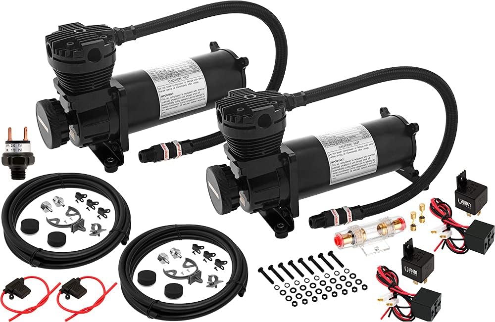 Vixen Air 200 PSI Heavy Duty Suspension/Air Ride/Bag/Train Horn Air Compressor/Pump with 3/8" Braided Hose, 3/8" NPT Check Valve and Remote Mount Air Filter Kit 12V Black (Dual Pack) VXC480BDP