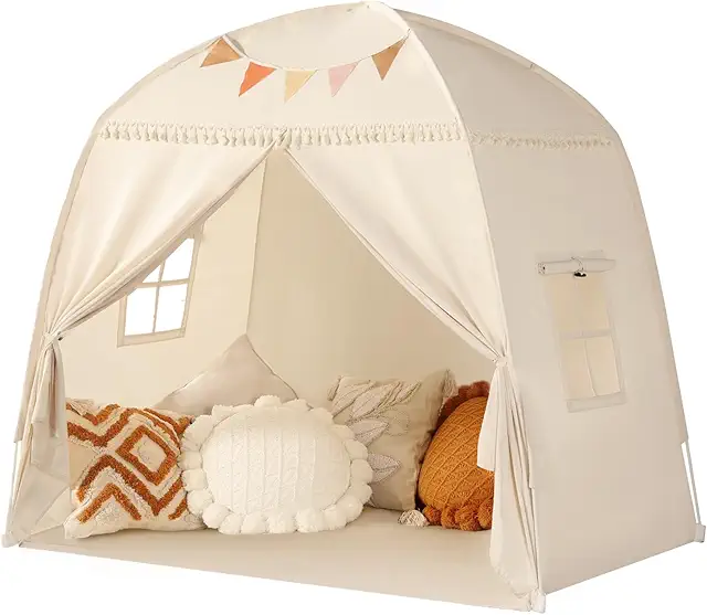 Kids Teepee Tent: Large Indoor Playhouse with Flags, Cream Color